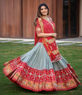 Grey Red Lehenga Choli With Mirror Work And Attached Red Dupatta