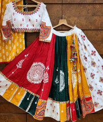 Multi White Lehenga Choli With Mirror Work And Attached Yellow Dupatta