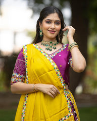 Purple Lehenga Choli With Mirror Work And Attached Yellow Dupatta