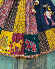 Multi Navy Blue Lehenga Choli With Mirror Work And Attached Maroon Dupatta