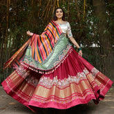 Maroon White Lehenga Choli With Mirror Work And Attached Multi Dupatta