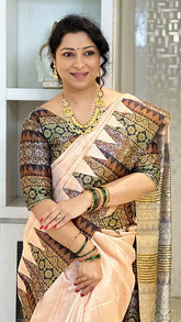 SOFT TUSSAR SILK SAREE WITH BEAUTIFUL PRINT WITH ATTRACTIVE PALLU AND CONTRAST PALLU WITH TASSAL