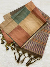 SOFT TUSSAR SILK SAREE WITH BEAUTIFUL PRINT WITH ATTRACTIVE PALLU AND CONTRAST PALLU WITH TASSAL