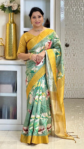 SOFT TUSSAR SILK SAREE WITH BEAUTIFUL PRINT WITH ATTRACTIVE PALLU AND CONTRAST PALLU  WITH TASSAL