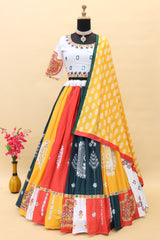Multi White Lehenga Choli With Mirror Work And Attached Yellow Dupatta