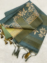 SOFT TUSSAR SILK SAREE WITH BEAUTIFUL PRINT WITH ATTRACTIVE PALLU AND CONTRAST PALLU  WITH TASSAL