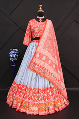 Grey Red Lehenga Choli With Mirror Work And Attached Red Dupatta