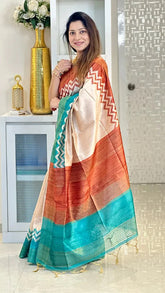 SOFT TUSSAR SILK SAREE WITH BEAUTIFUL PRINT WITH ATTRACTIVE PALLU AND CONTRAST PALLU  WITH TASSAL