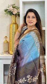 SOFT TUSSAR SILK SAREE WITH BEAUTIFUL PRINT WITH ATTRACTIVE PALLU AND CONTRAST PALLU  WITH TASSAL
