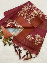 SOFT TUSSAR SILK SAREE WITH BEAUTIFUL PRINT WITH ATTRACTIVE PALLU AND CONTRAST PALLU  WITH TASSAL