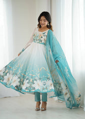 PURE SOFT ORGANJA SILK FABRIC FULLY FLAIR KALI PATTERN AND CANVAS PATTA WITH DUPPTA SET ,PENT READY TO WEAR