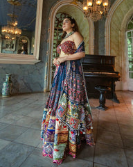 BLUE ORANGE Lehenga Choli With Mirror Work And Attached Blue Dupatta