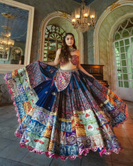BLUE ORANGE Lehenga Choli With Mirror Work And Attached Blue Dupatta