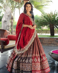 RED AJRAKH Lehenga Choli With Mirror Work And Attached Dupatta