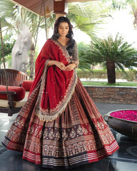 RED AJRAKH Lehenga Choli With Mirror Work And Attached Dupatta
