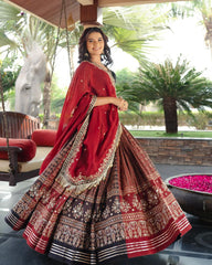 RED AJRAKH Lehenga Choli With Mirror Work And Attached Dupatta