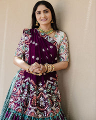 wine and green Lehenga Choli With Mirror Work And Attached wine Dupatta