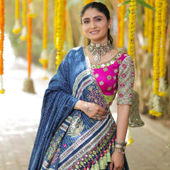 BLUE PINK Lehenga Choli With Mirror Work And Attached Blue Dupatta