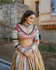 CREAM  Lehenga Choli With Mirror Work And Attached Blue Dupatta