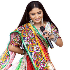 RED WHITE Lehenga Choli With Mirror Work And Attached Blue Dupatta