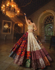 ORANGE Lehenga Choli With Mirror Work And Attached Blue Dupatta