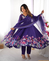 PURE SOFT ORGANJA SILK FABRIC FULLY FLAIR KALI PATTERN AND CANVAS PATTA WITH DUPPTA SET ,PENT READY TO WEAR