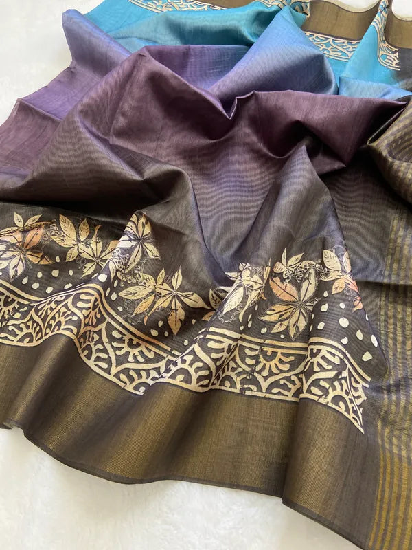 SOFT TUSSAR SILK SAREE WITH BEAUTIFUL PRINT WITH ATTRACTIVE PALLU AND CONTRAST PALLU  WITH TASSAL