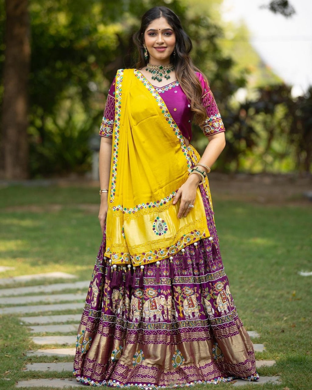 Purple Lehenga Choli With Mirror Work And Attached Yellow Dupatta