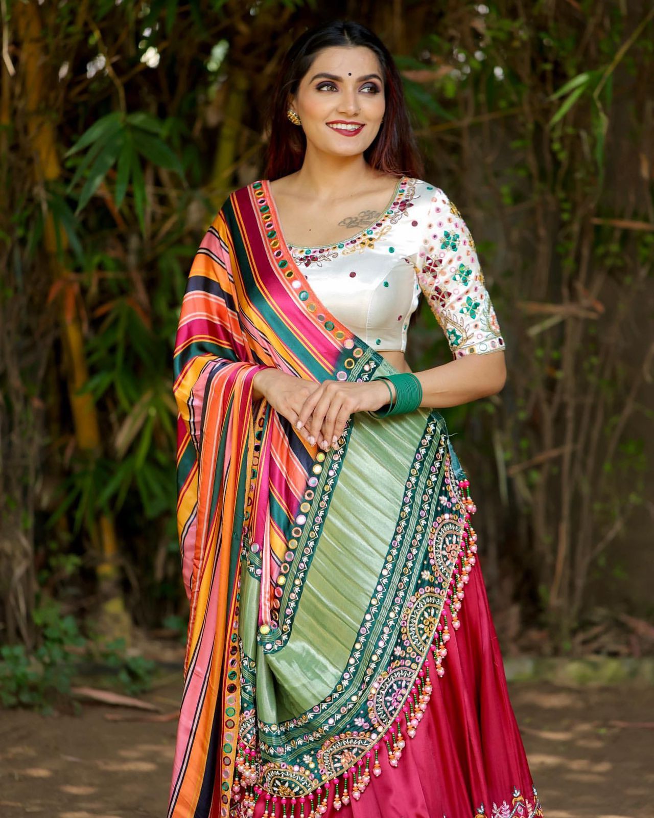 Maroon White Lehenga Choli With Mirror Work And Attached Multi Dupatta