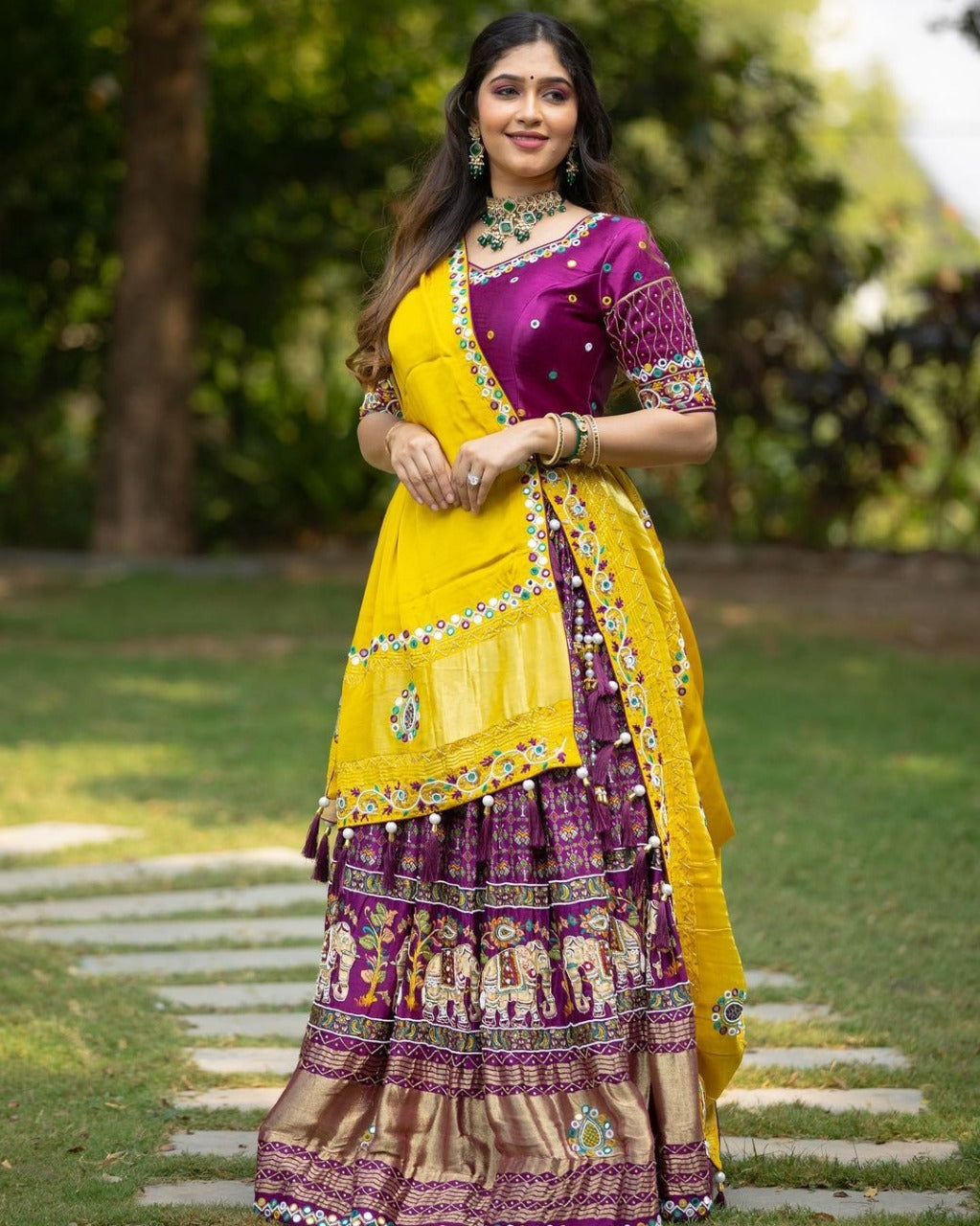 Purple Lehenga Choli With Mirror Work And Attached Yellow Dupatta