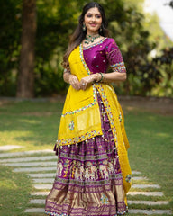 Purple Lehenga Choli With Mirror Work And Attached Yellow Dupatta