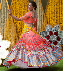 Peach Lehenga Choli With Mirror Work And Attached White Dupatta