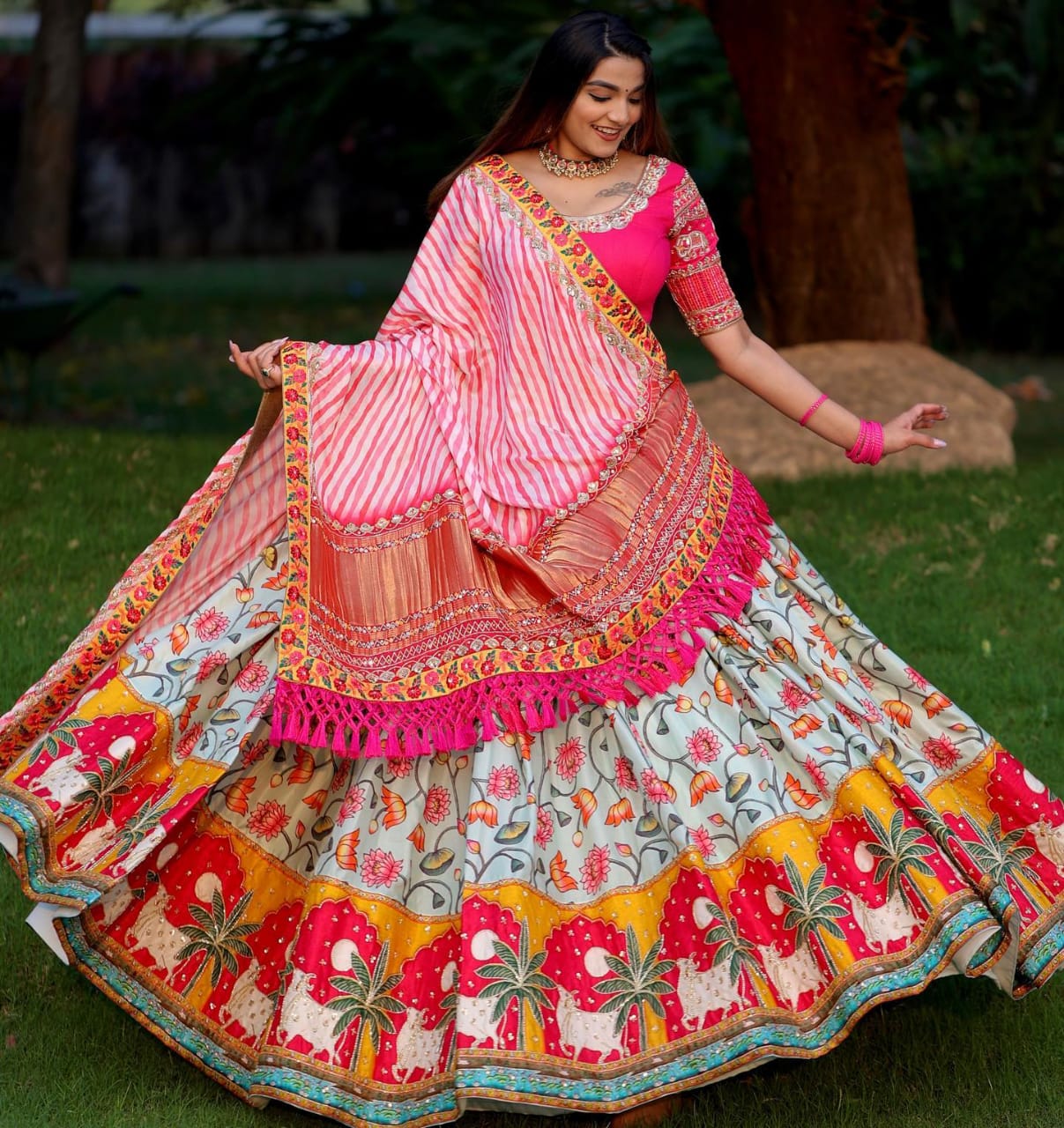 Sky Pink Lehenga Choli With Mirror Work And Attached Pink Dupatta
