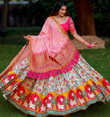 Sky Pink Lehenga Choli With Mirror Work And Attached Pink Dupatta