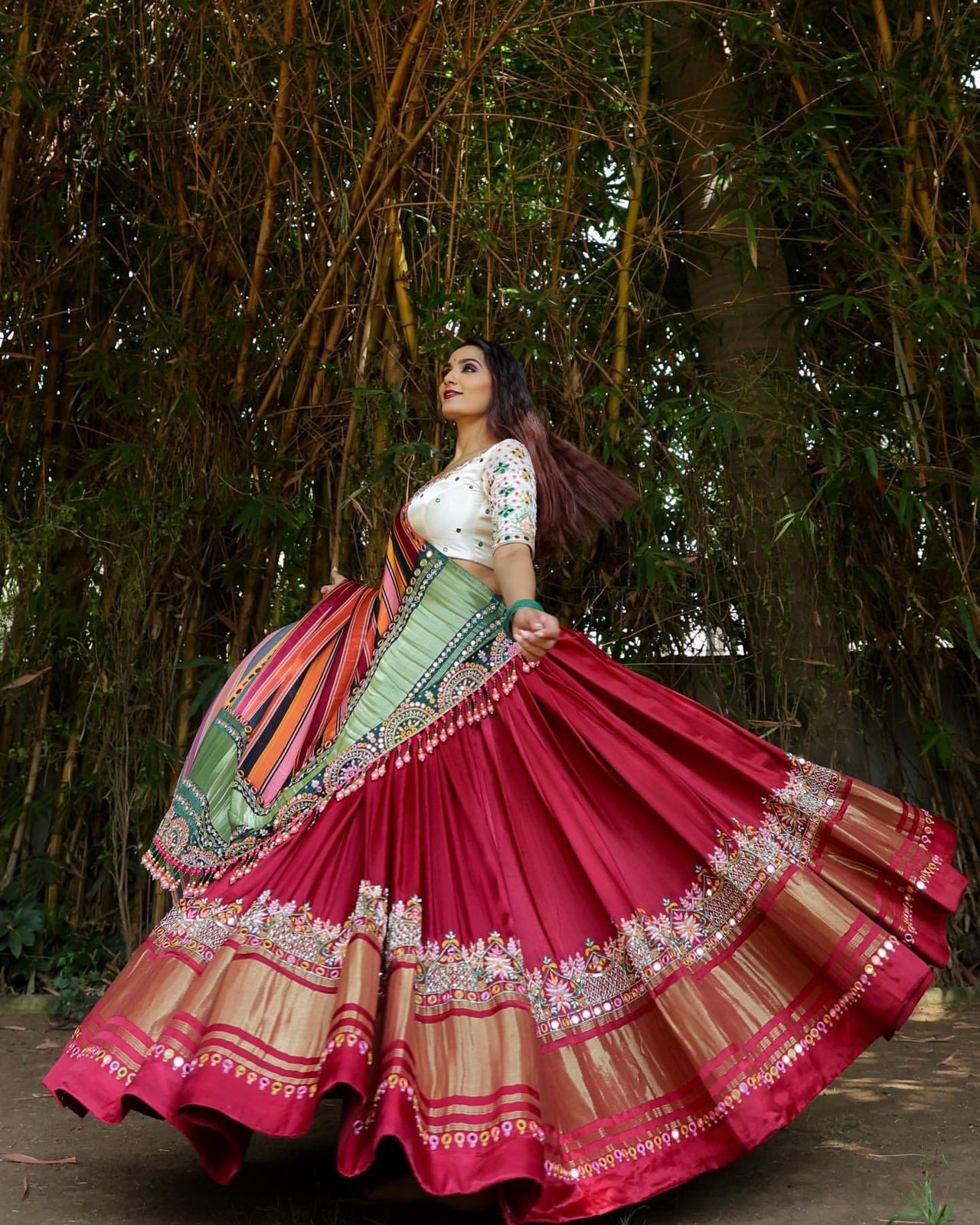 Maroon White Lehenga Choli With Mirror Work And Attached Multi Dupatta