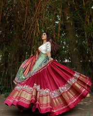Maroon White Lehenga Choli With Mirror Work And Attached Multi Dupatta