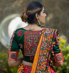 Red Green Lehenga Choli With Mirror Work And Attached Yellow Dupatta