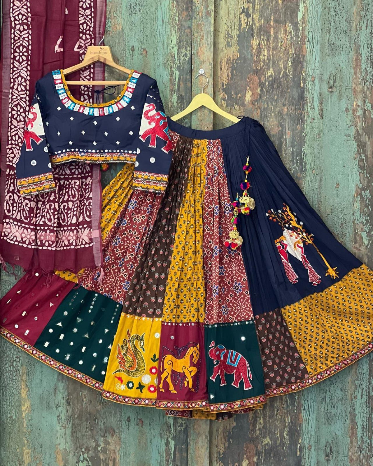 Multi Navy Blue Lehenga Choli With Mirror Work And Attached Maroon Dupatta