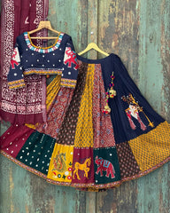 Multi Navy Blue Lehenga Choli With Mirror Work And Attached Maroon Dupatta