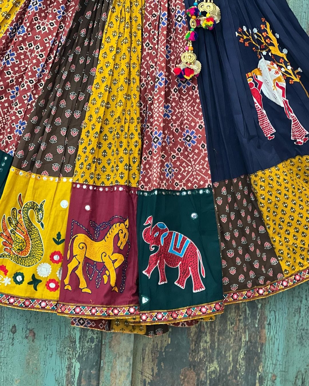 Multi Navy Blue Lehenga Choli With Mirror Work And Attached Maroon Dupatta