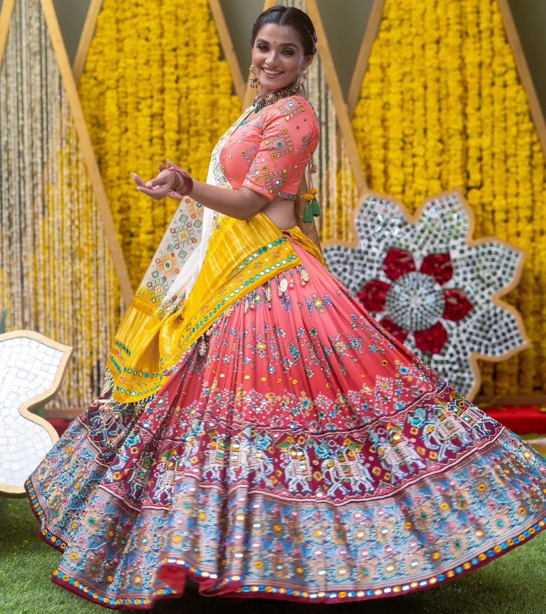 Peach Lehenga Choli With Mirror Work And Attached White Dupatta