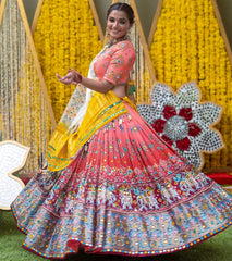Peach Lehenga Choli With Mirror Work And Attached White Dupatta