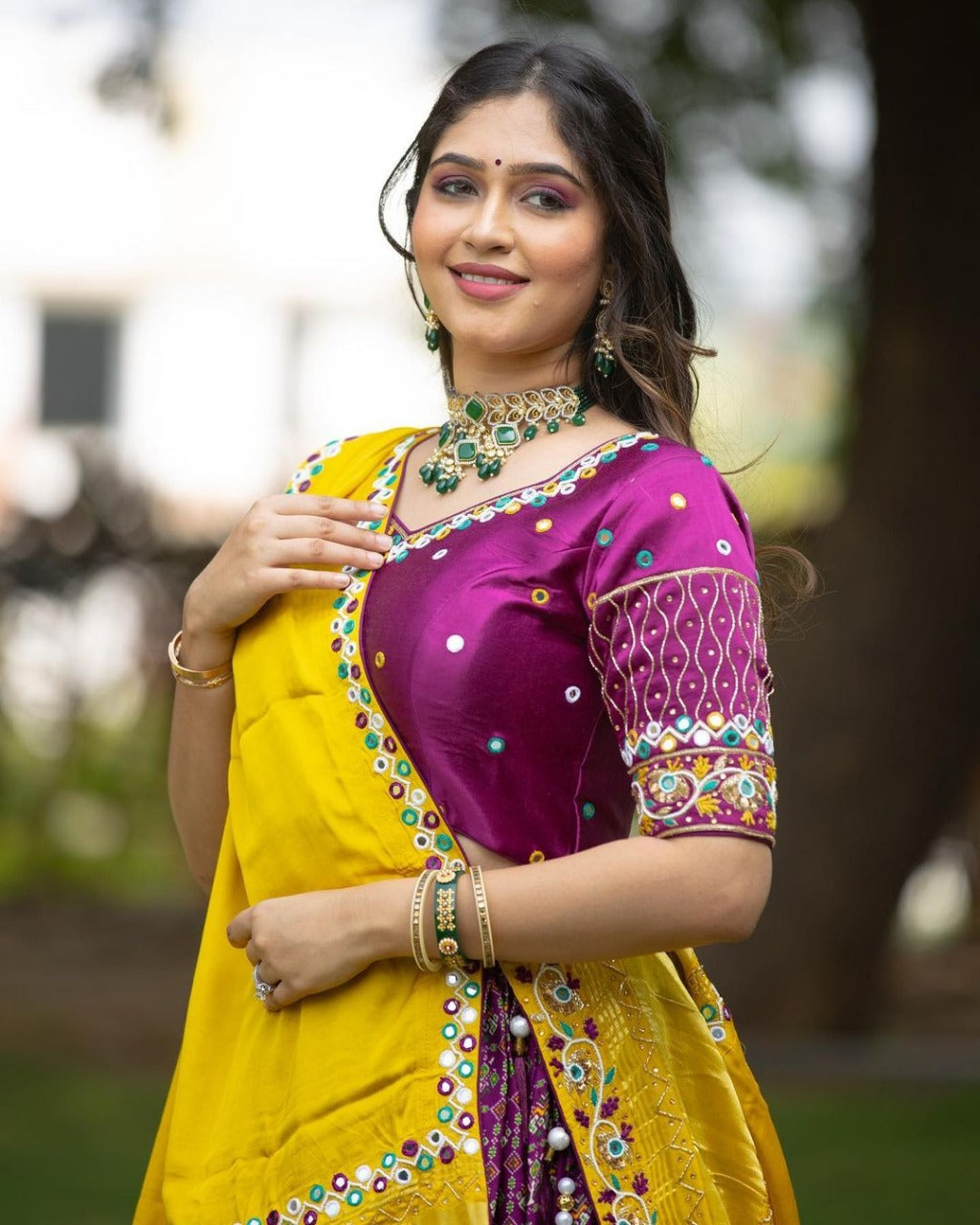 Purple Lehenga Choli With Mirror Work And Attached Yellow Dupatta