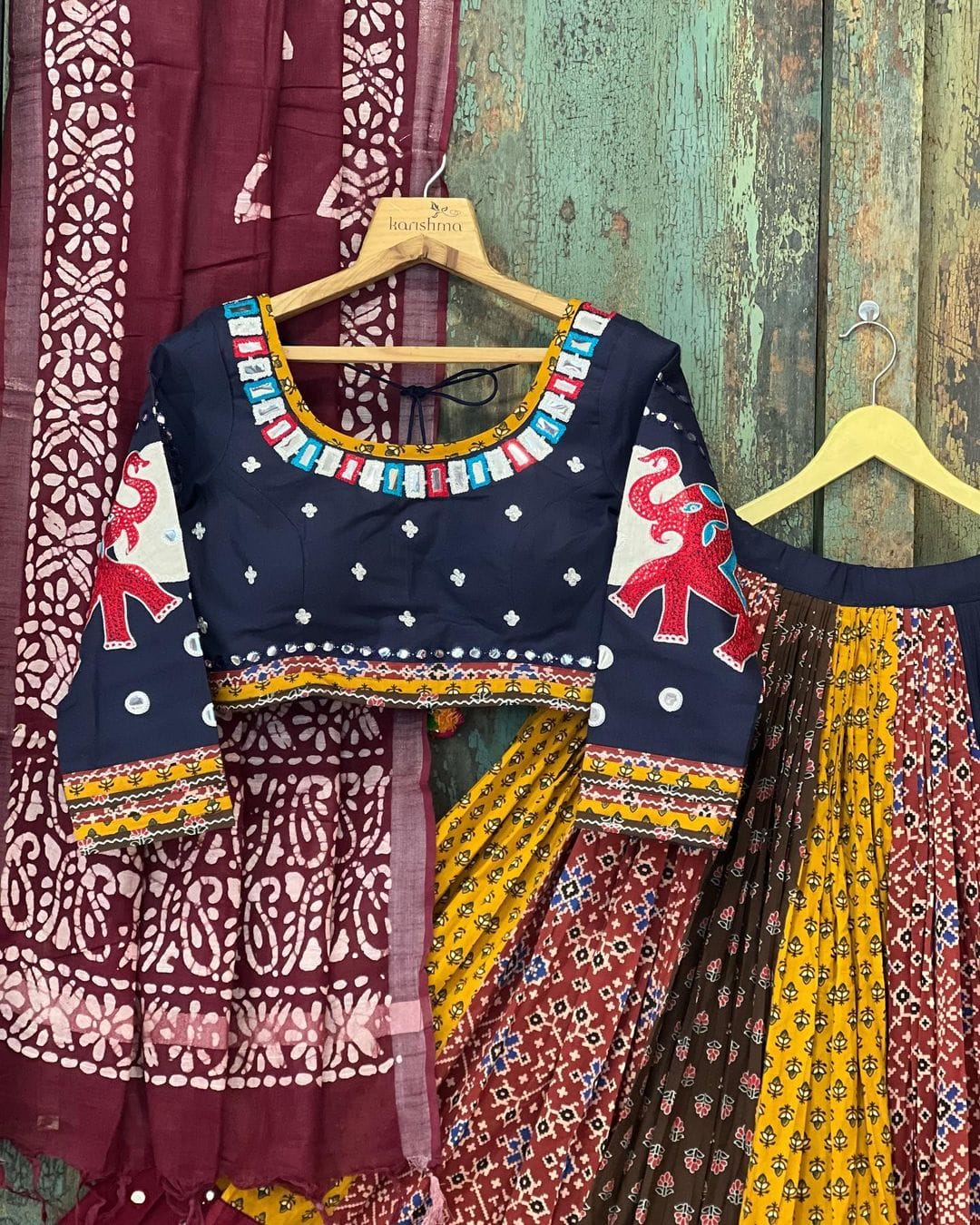 Multi Navy Blue Lehenga Choli With Mirror Work And Attached Maroon Dupatta