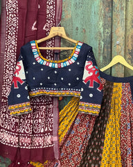 Multi Navy Blue Lehenga Choli With Mirror Work And Attached Maroon Dupatta