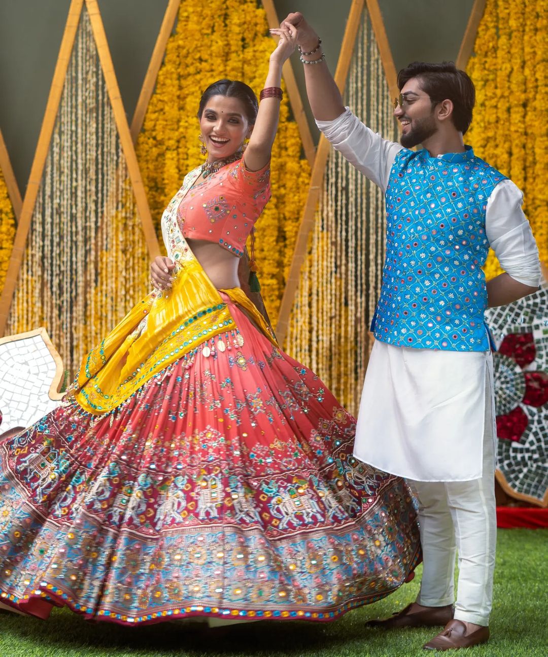 Peach Lehenga Choli With Mirror Work And Attached White Dupatta