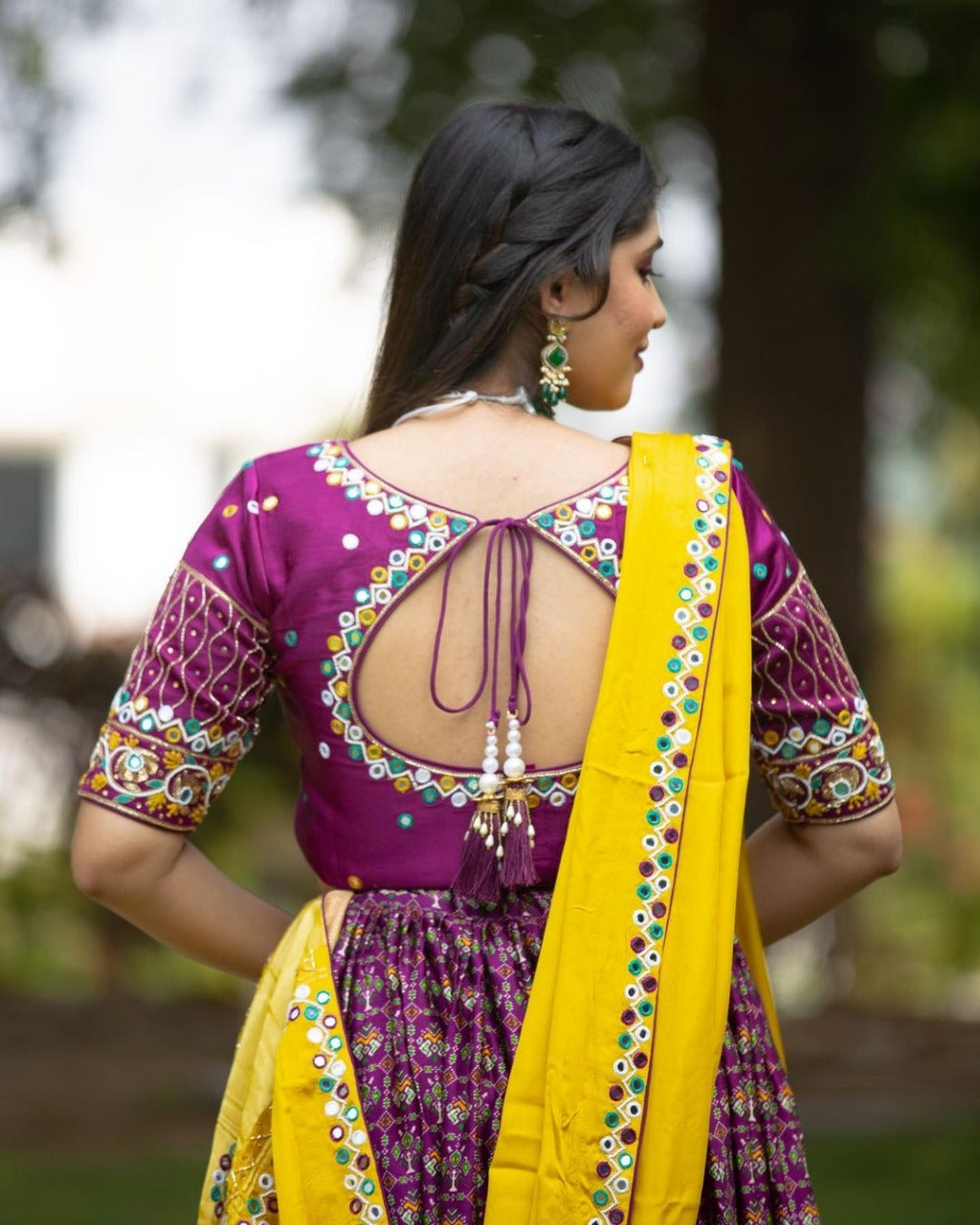 Purple Lehenga Choli With Mirror Work And Attached Yellow Dupatta