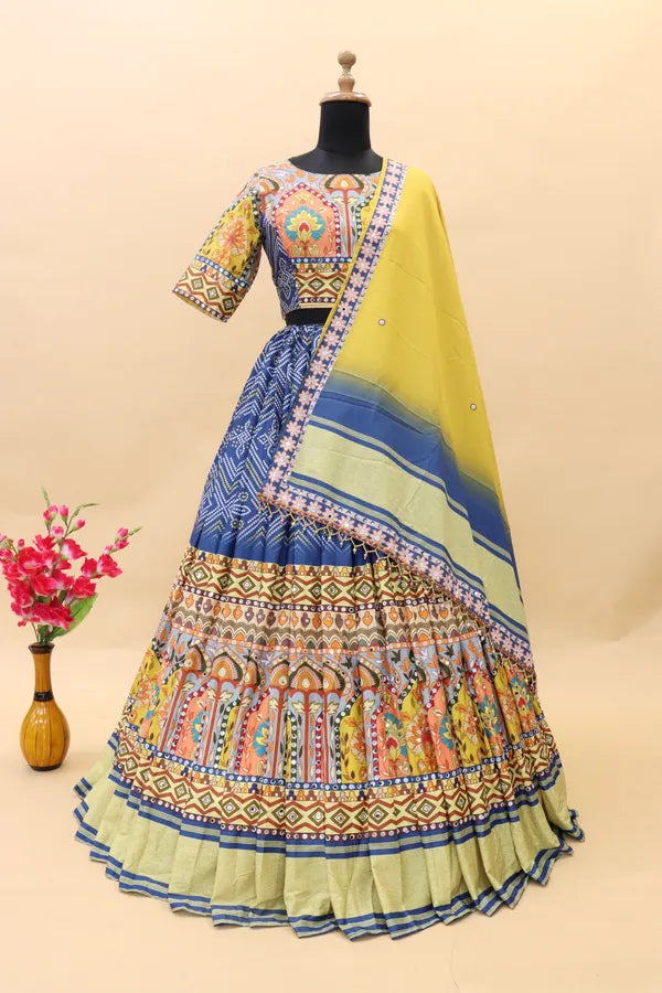 Blue Sky Lehenga Choli With Mirror Work And Attached Yellow Dupatta