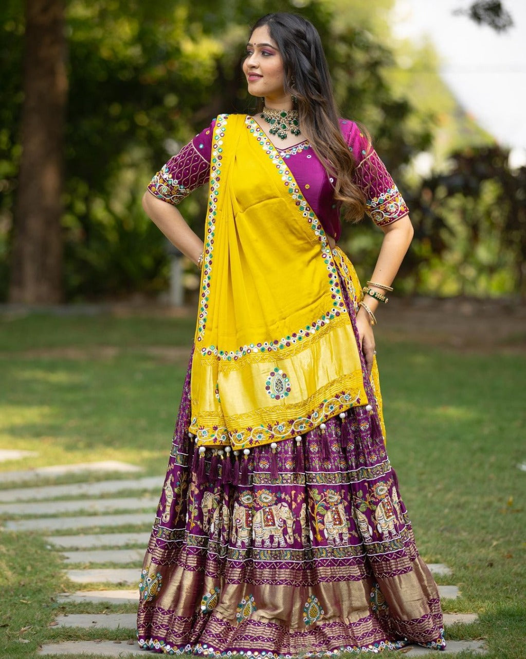 Purple Lehenga Choli With Mirror Work And Attached Yellow Dupatta