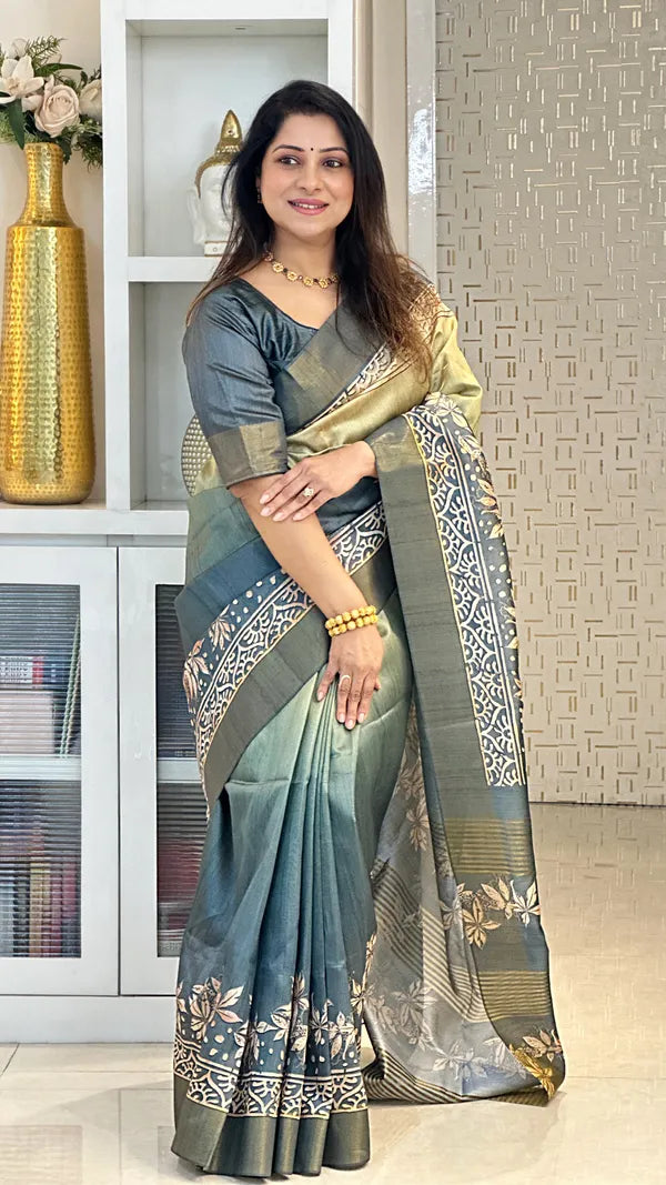 SOFT TUSSAR SILK SAREE WITH BEAUTIFUL PRINT WITH ATTRACTIVE PALLU AND CONTRAST PALLU  WITH TASSAL